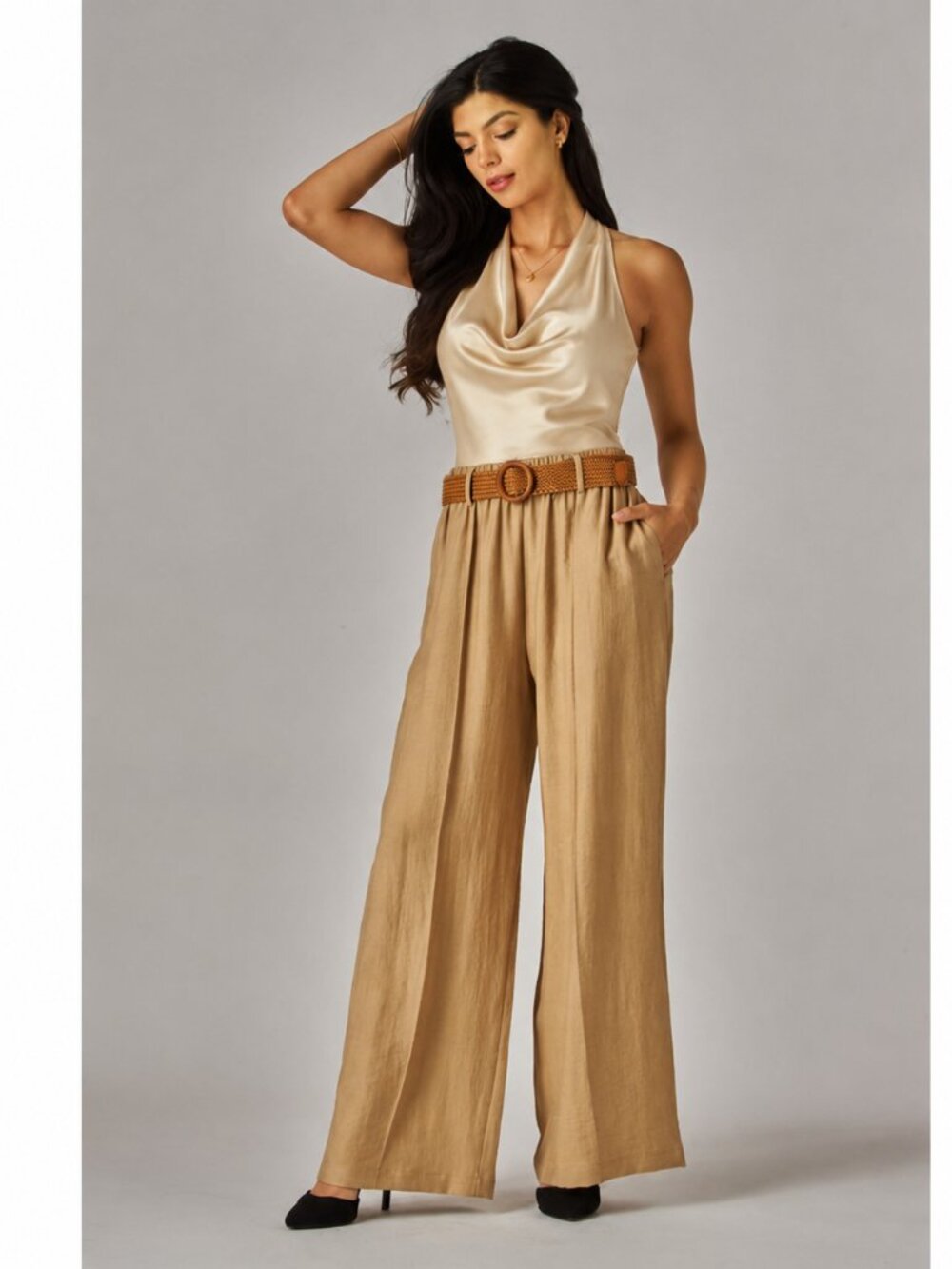Khaki Linen Pleated Pants with Woven Rattan Stretch Belt